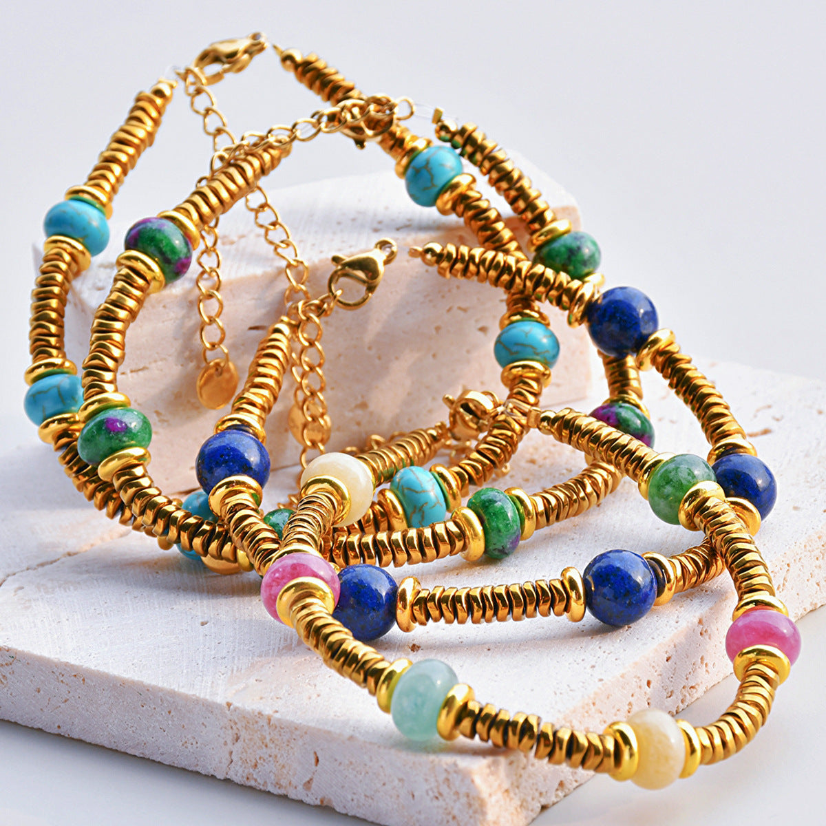 Wholesale Retro texture color natural stone stitching titanium steel bracelet